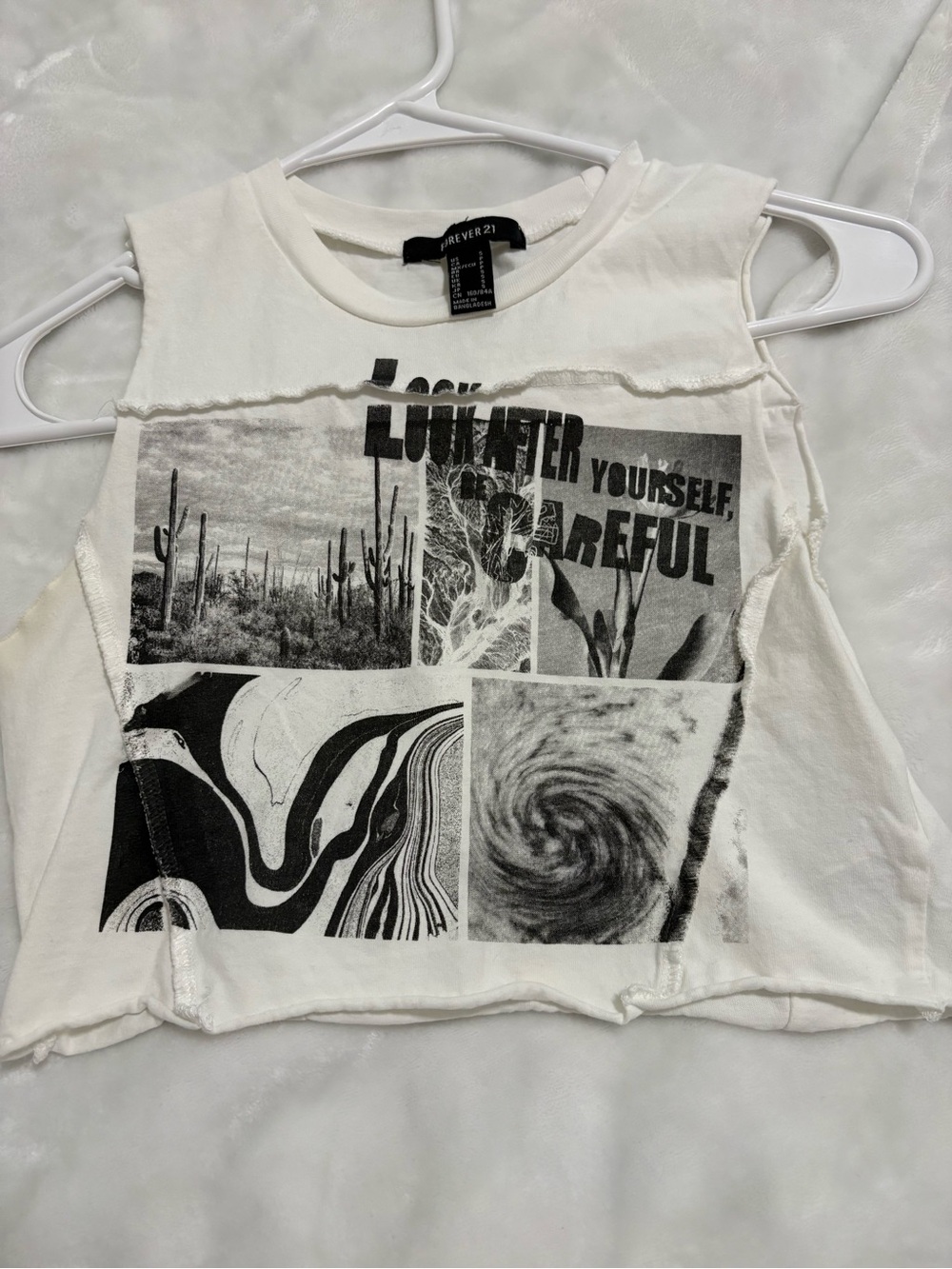 Forever 21 White Graphic Cropped Tank with Black Print